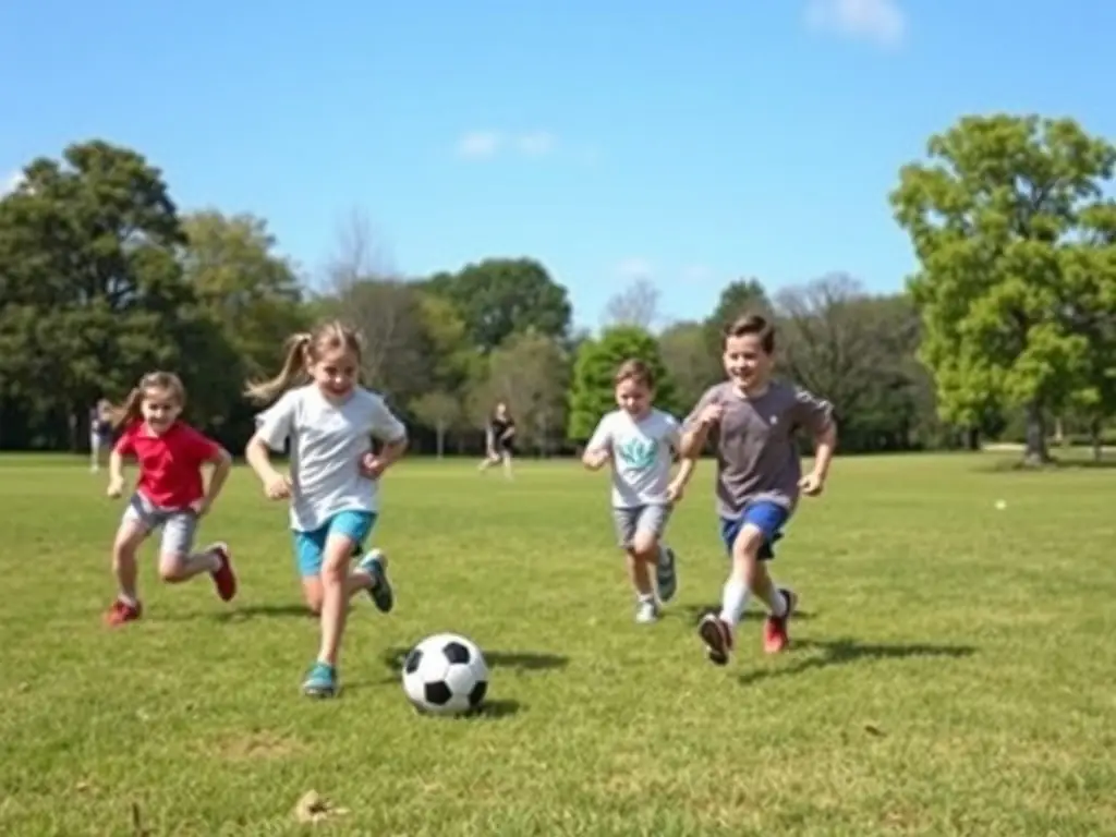 A vibrant image of children playing soccer in a local park, representing the community sports programs offered by ASS L'ETOILE CULTURE ET LOISIRS FAMILIA.