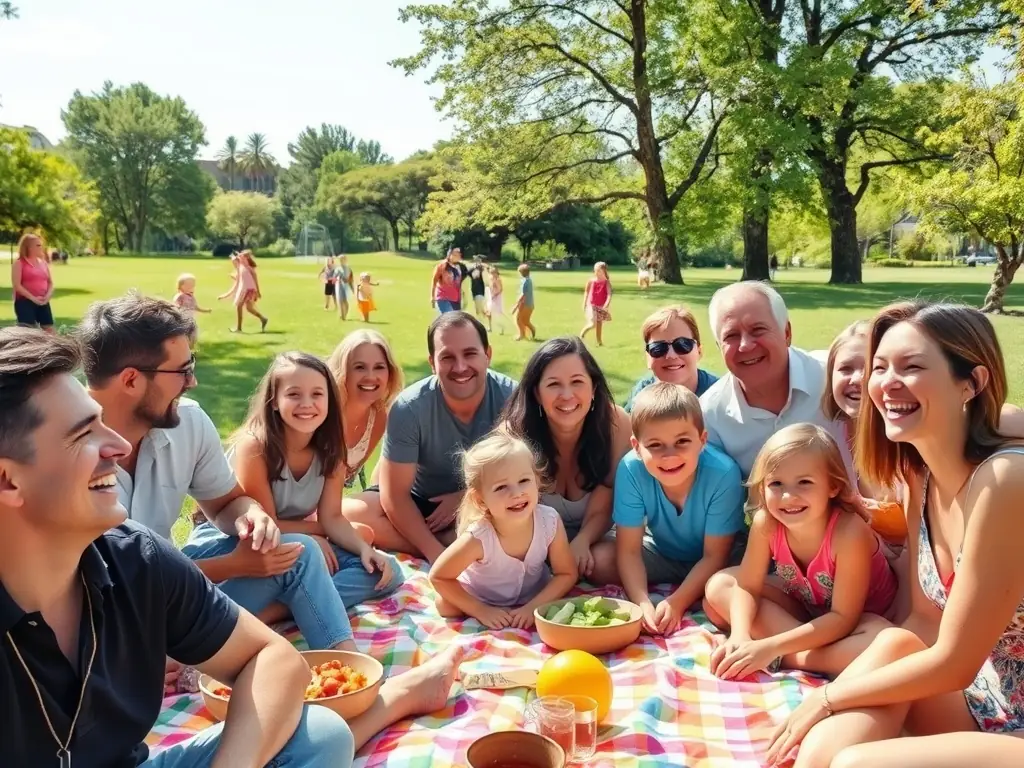 A heartwarming image of families enjoying a picnic together in a park, representing the family leisure activities organized by ASS L'ETOILE CULTURE ET LOISIRS FAMILIA.