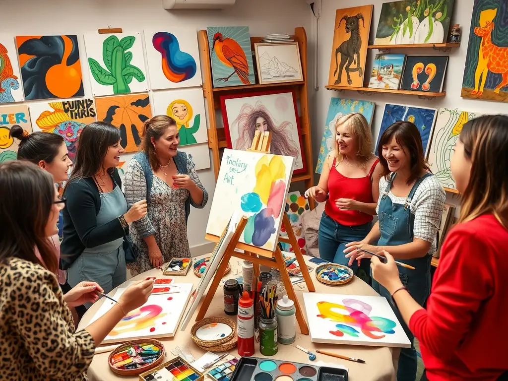 A colorful image of participants engaged in an art workshop, showcasing the cultural workshops provided by ASS L'ETOILE CULTURE ET LOISIRS FAMILIA.