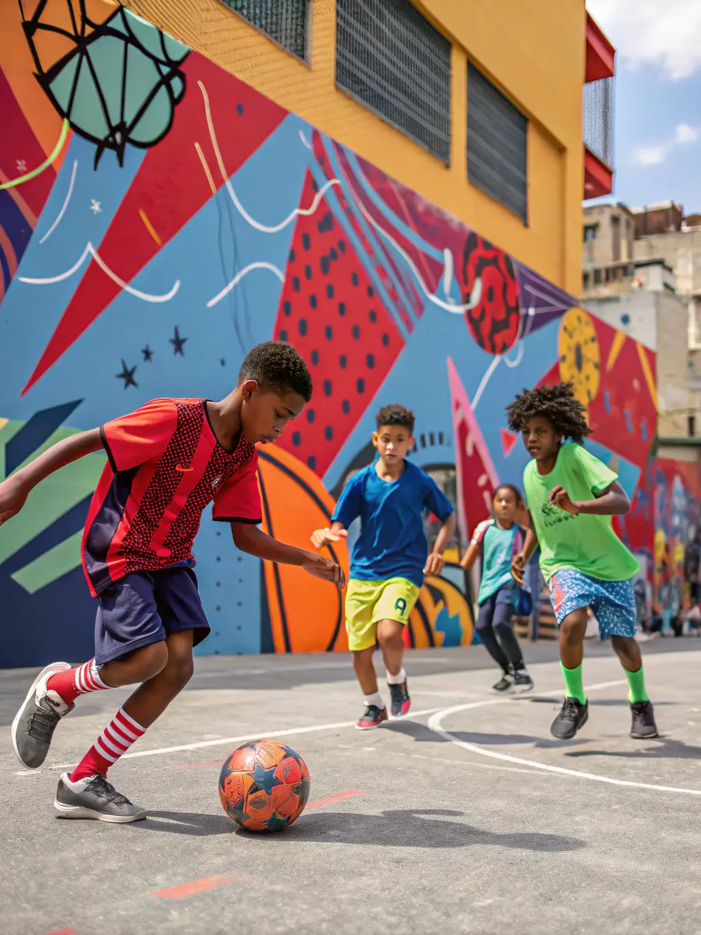A vibrant image of children and adults playing soccer in a well-maintained field, smiling and engaging in teamwork, representing the Community Sports Programs.
