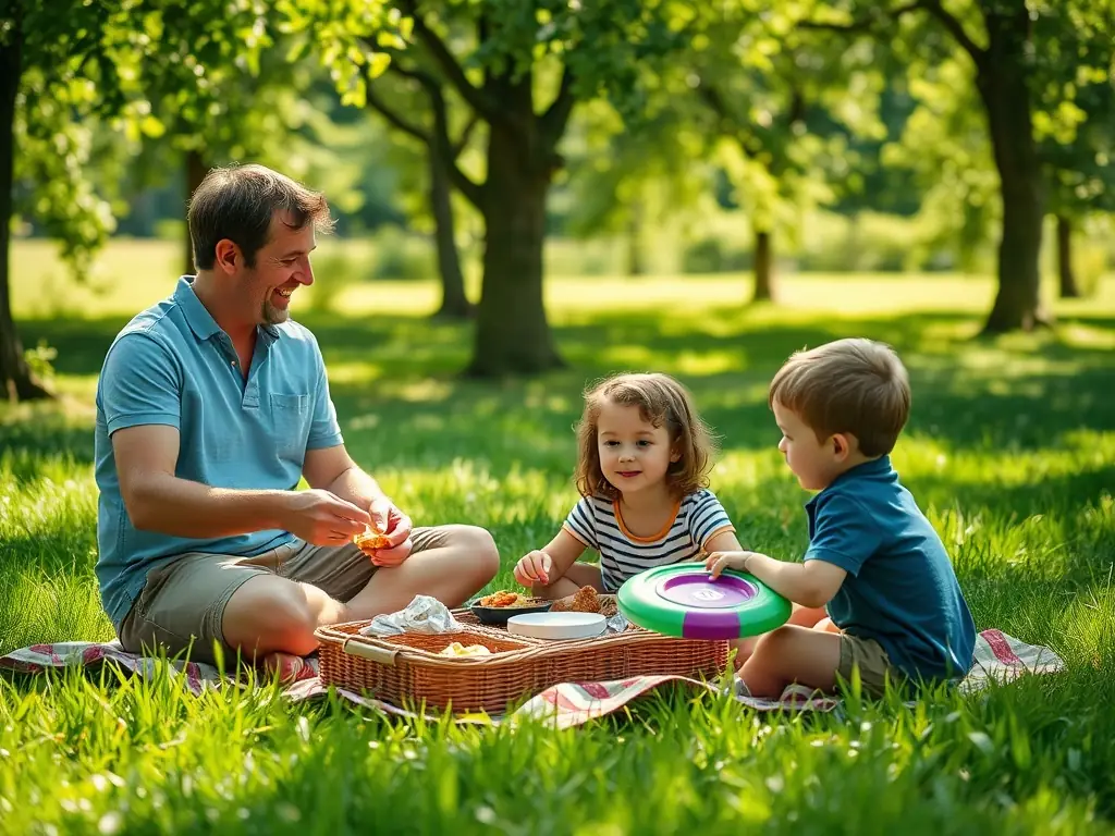 A family enjoying a picnic in a park, playing games and sharing smiles, representing the Family Leisure Activities.