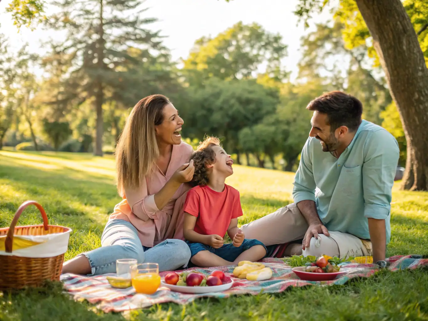 A heartwarming image of a family enjoying a picnic in a park, representing the family leisure activities organized by ASS L'ETOILE CULTURE ET LOISIRS FAMILIA.