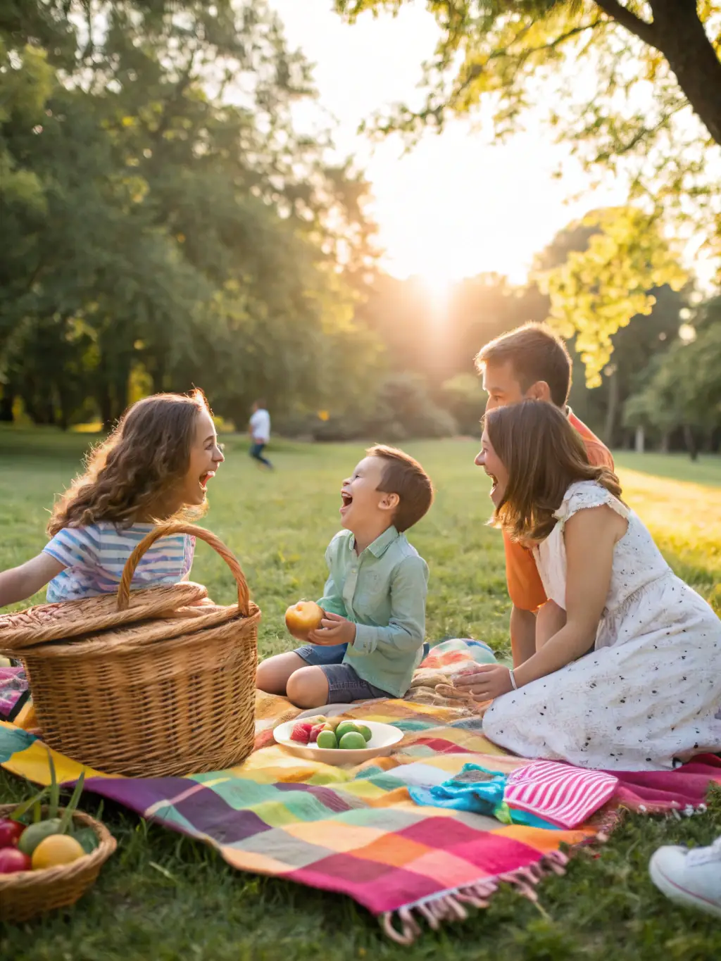 A family enjoying a picnic in a park, playing games and sharing smiles, representing the Family Leisure Activities.