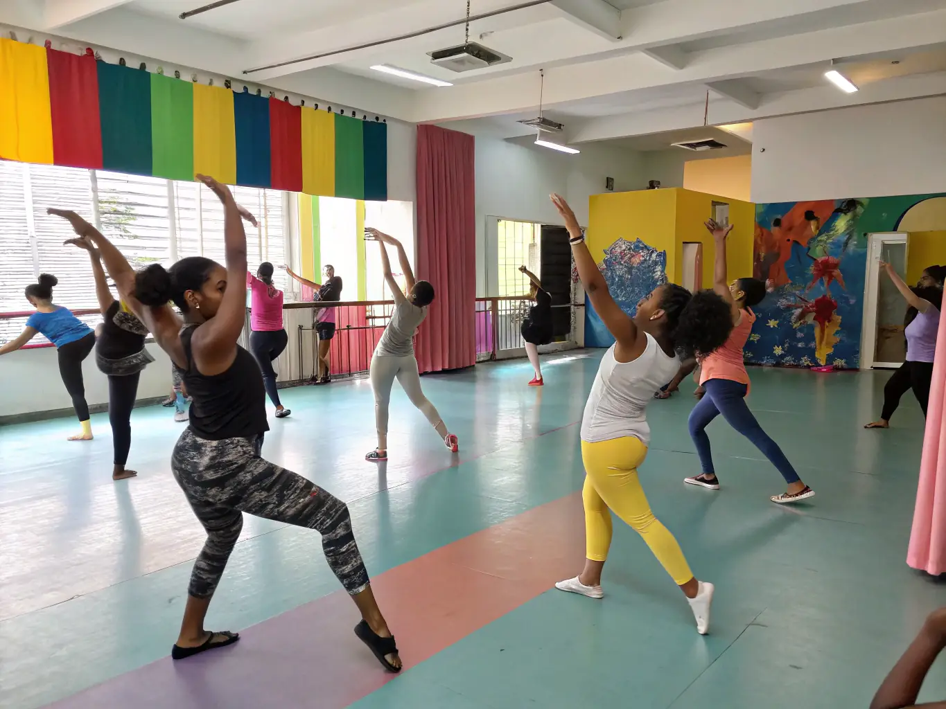 An image of participants engaged in a lively dance class, with colorful costumes and joyful expressions, representing the Cultural Workshops.