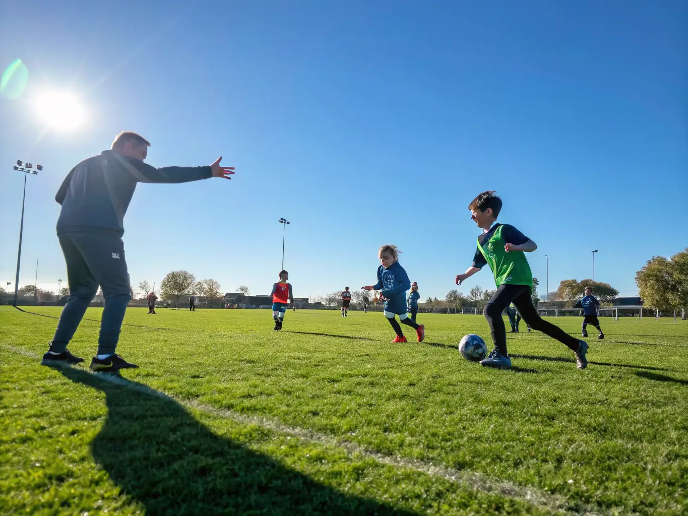 A vibrant image of children and adults playing soccer in a well-maintained field, smiling and engaging in teamwork, representing the Community Sports Programs.