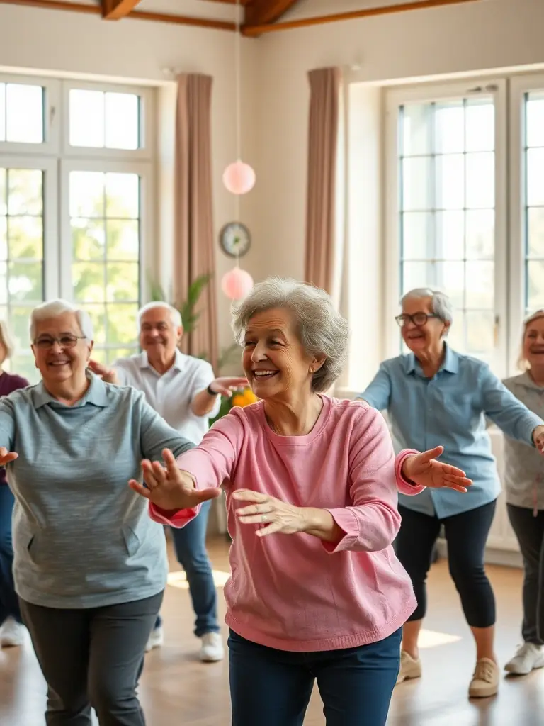 A group of seniors participating in a gentle exercise class, promoting health and well-being in a supportive environment.