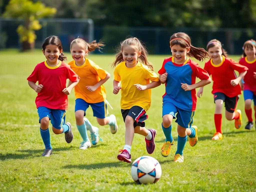 A vibrant image of children playing soccer in a local park, representing the community sports program offered by ASS L'ETOILE CULTURE ET LOISIRS FAMILIA.